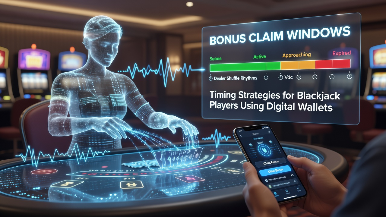 Blackjack table with dealer shuffling cards and digital wallet interface overlay showing transaction timing