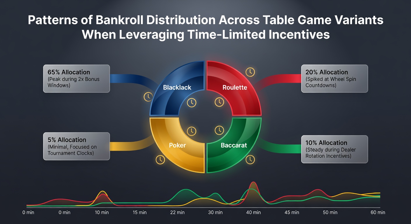 Bankroll allocation charts showing distribution patterns in blackjack, roulette and baccarat during time-sensitive promotions