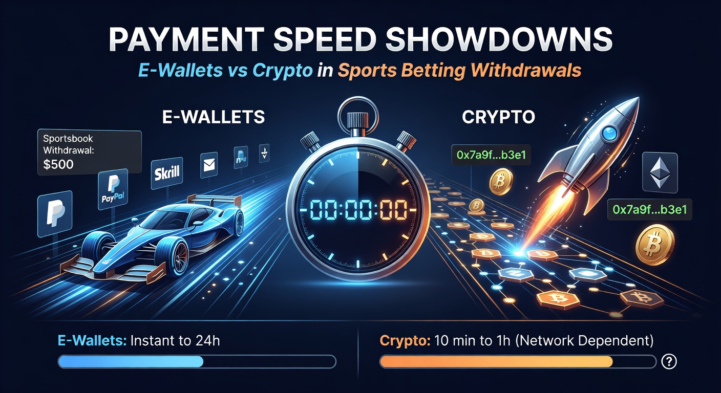 Digital payment icons representing e-wallets and cryptocurrency wallets side by side, highlighting speed in sports betting withdrawals