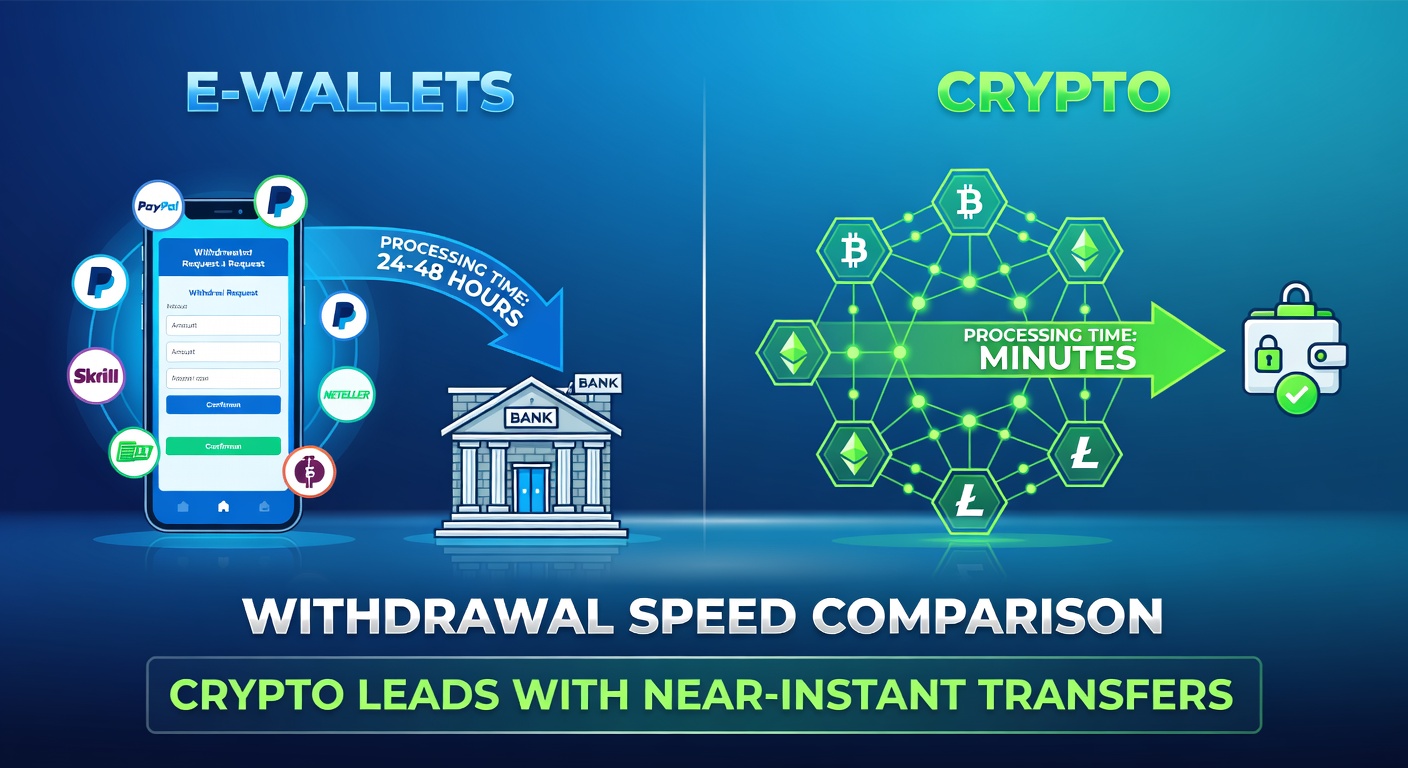 Comparison chart showing timelines for e-wallet and crypto withdrawals in sports betting, with clocks and blockchain icons
