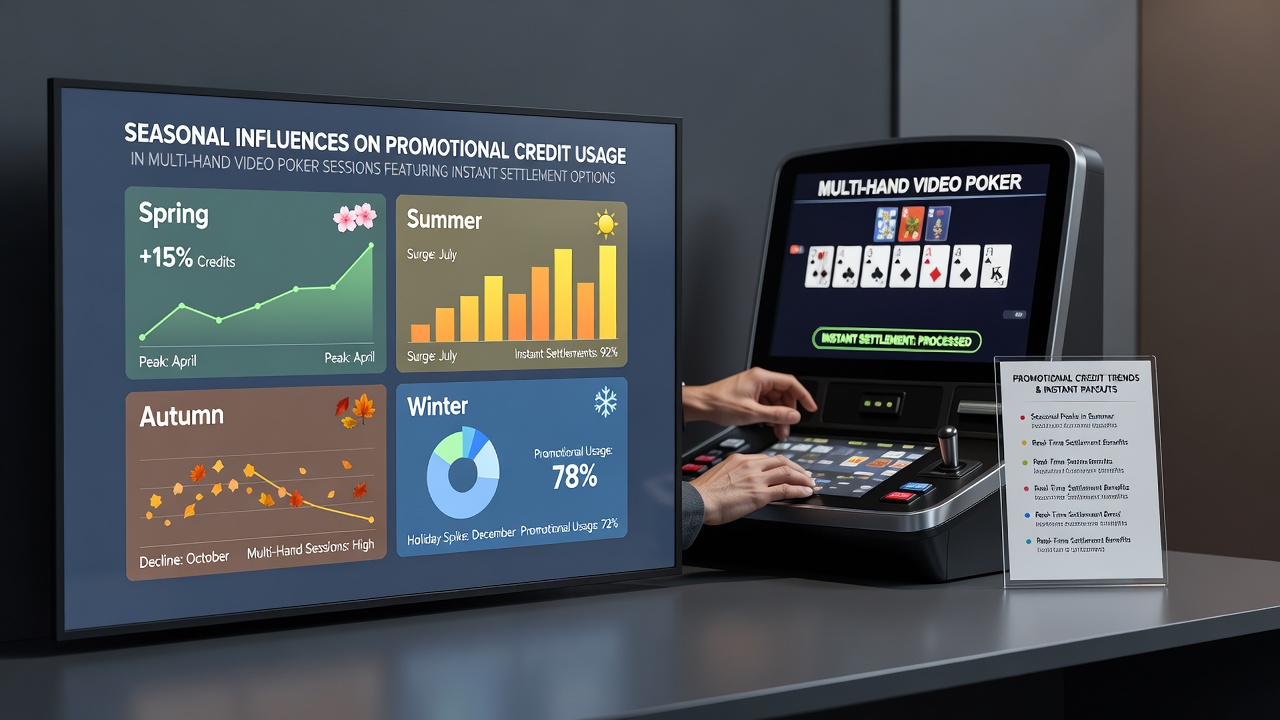 Multi-hand video poker interface showing promotional credits and seasonal player activity patterns