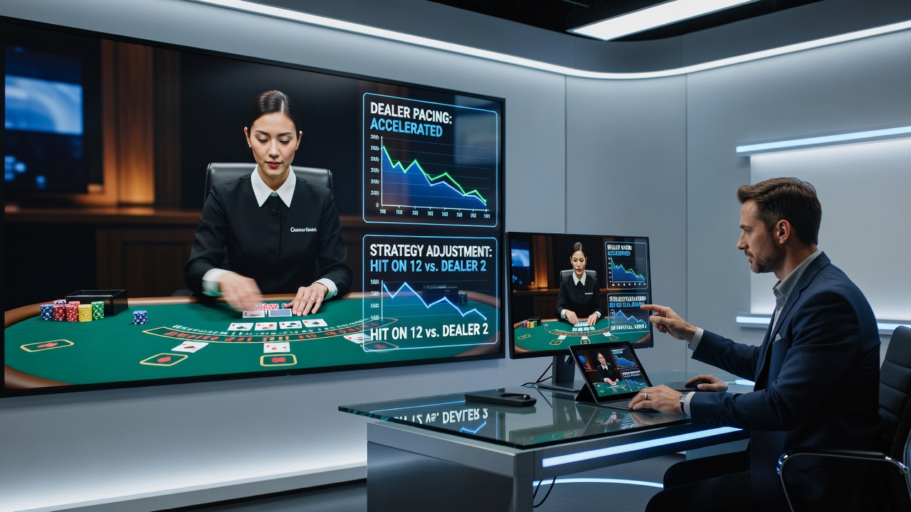 Live casino dealer managing cards during a streamed blackjack session with multiple players visible on screen