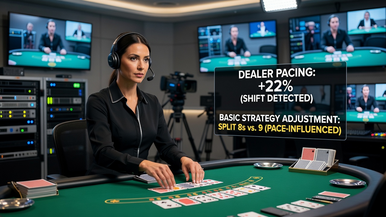 Close-up view of a live dealer shuffling cards in a professional casino streaming studio setup