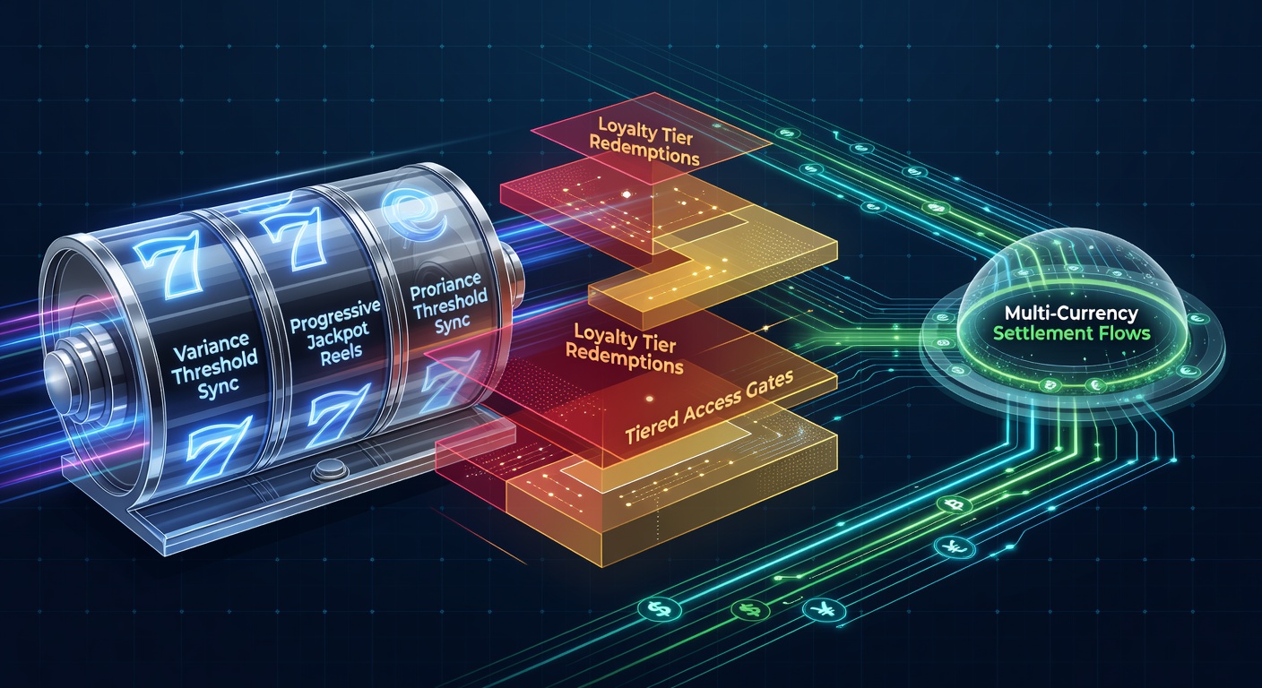 Progressive jackpot reel systems integrated with loyalty tier redemptions and currency settlement interfaces