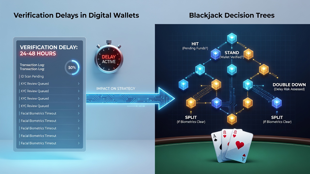 Blackjack table layout with overlaid digital transaction timeline showing verification checkpoints