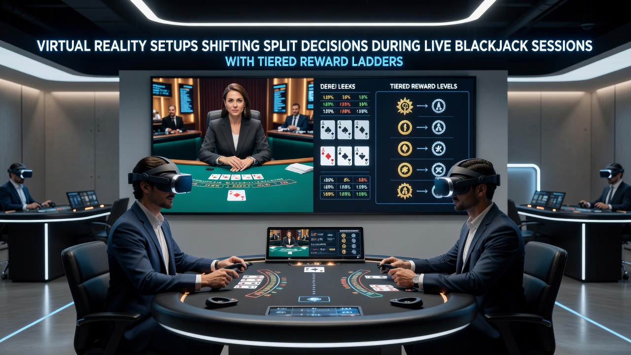 Close-up view of VR blackjack split decision interface showing tiered reward progress bar and dealer card simulation
