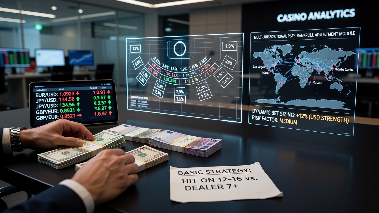 Blackjack strategy chart overlaid with currency exchange rate graphs showing dynamic bankroll adjustments across international tables