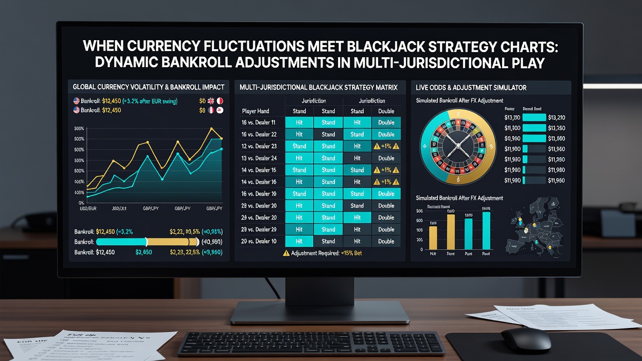 Player reviewing dynamic bankroll calculator on tablet beside blackjack table with multi-currency displays